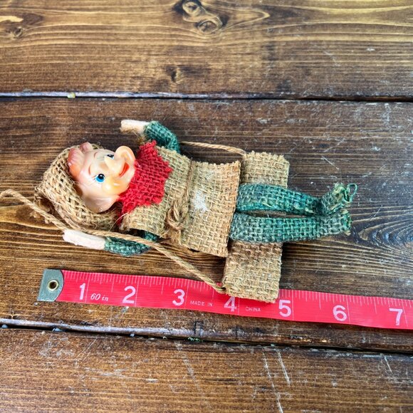 Vintage Burlap & Plastic Elf Decoration With Green Legs Red Scarf Made in Japan - Picture 9 of 10